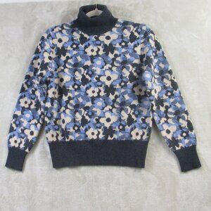 Plover Women Cashmere Floral Flower Turtleneck Pullover Sweater Gray Blue Tan XS